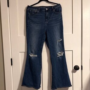 American Eagle Outfitters Dark Blue Distressed Flare Jeans